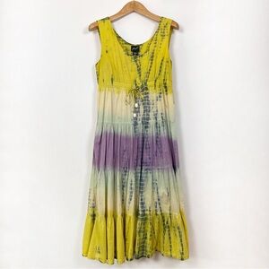 Fiori Yellow and Purple Boho Tie-Dye Tiered Sleeveless Maxi Dress Size Large